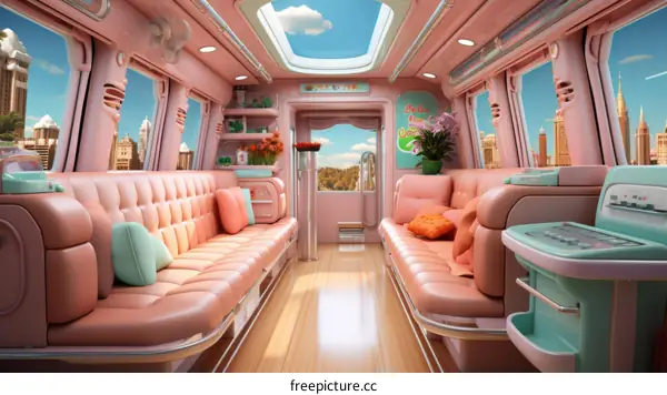 Retro futuristic pink interior of a luxury bus