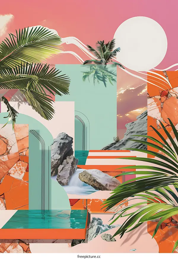 Abstract Collage Tropical Landscape With Palm Trees And Rocks