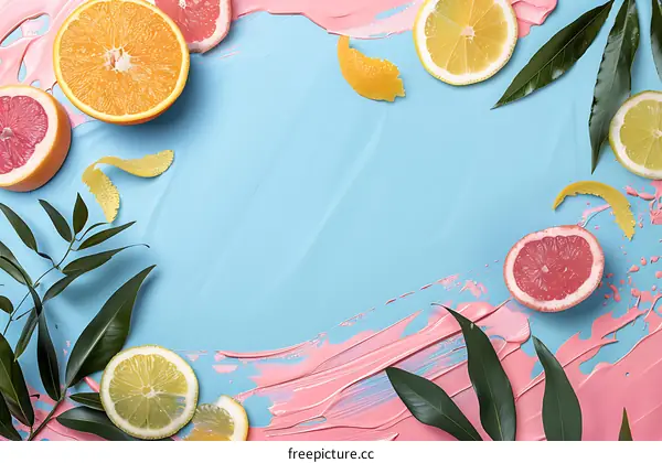 Citrus Fruit and Green Leaves on a Blue and Pink Background