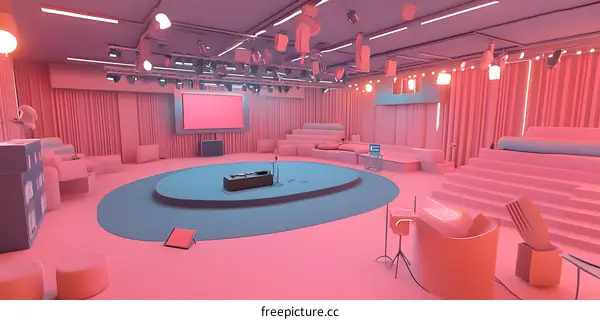 Pink Stage Design for Music Performance with Lighting and Furnitures