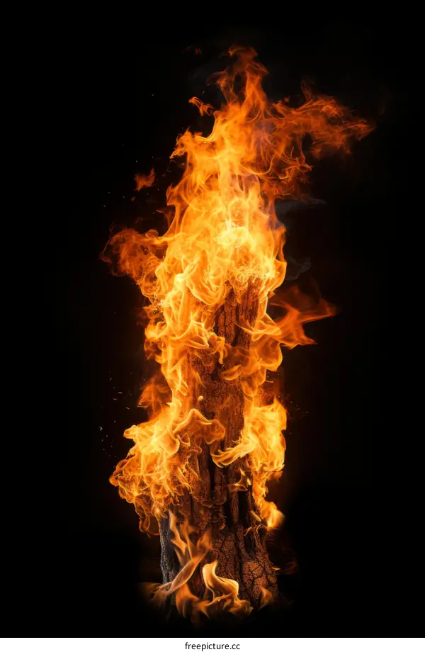 A single burning tree trunk on a black background