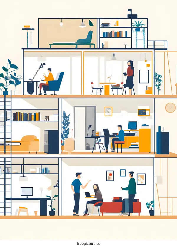 Modern Home Office Illustration with People Working