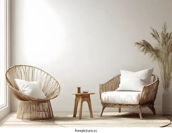 Minimalist Living Room Interior Design With Wicker Chairs And White Wall