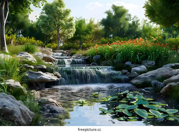 Waterfall in a lush green landscape