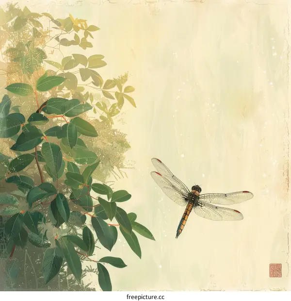 A dragonfly resting on a green leaf