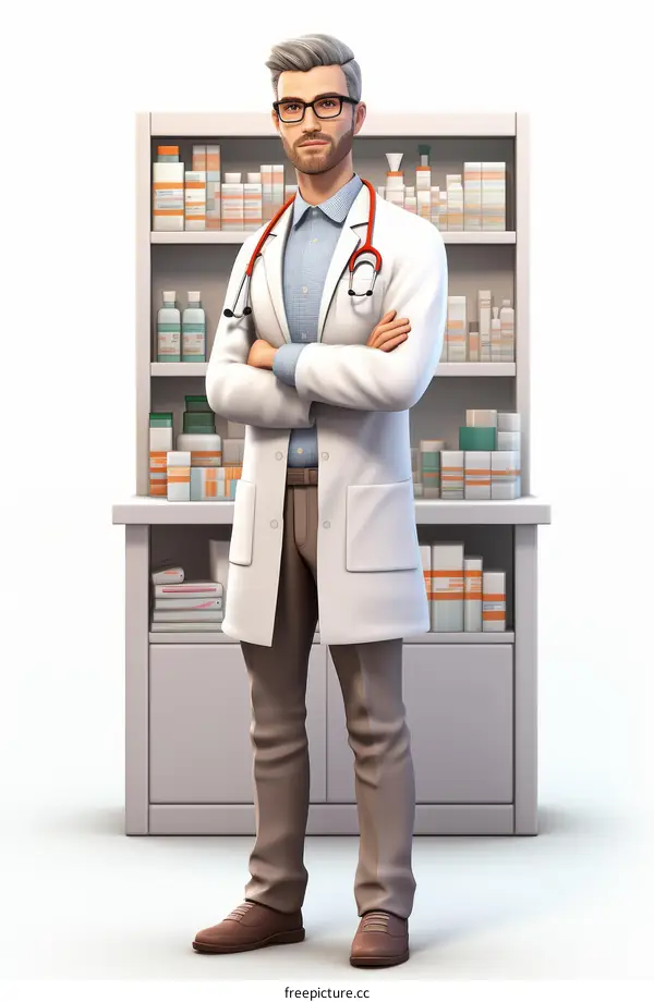 Confident male pharmacist standing in front of pharmacy shelves