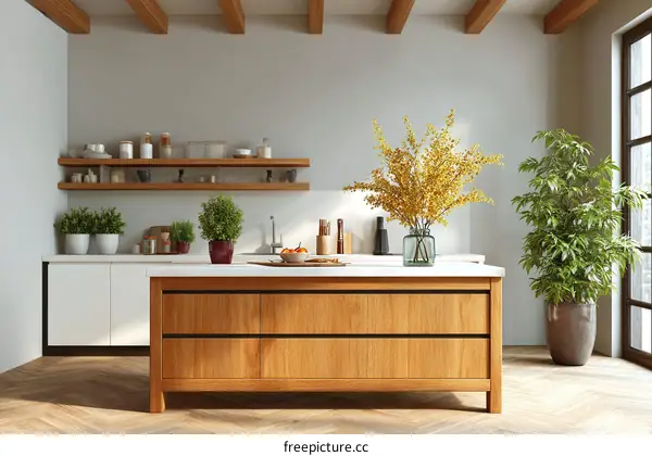 Modern Kitchen Interior Design with Wooden Island