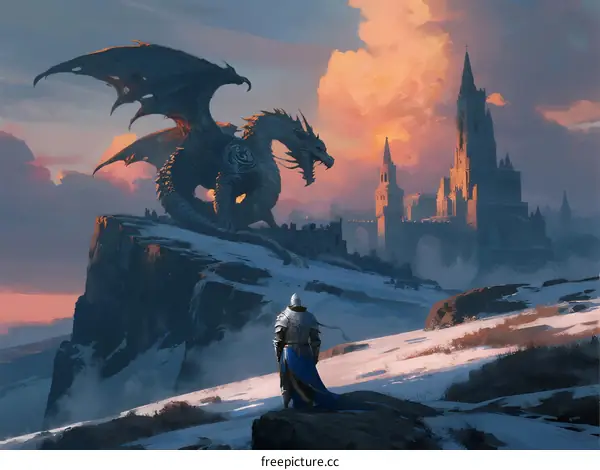 A Knight Facing a Majestic Dragon with a Medieval Castle in the Distance