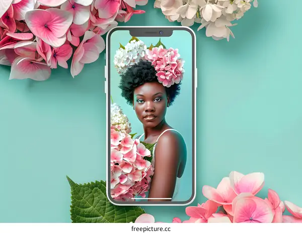 Black Woman with Flowers on a Smartphone Screen