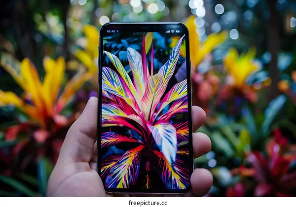 Hand Holding Smartphone With Plant Background