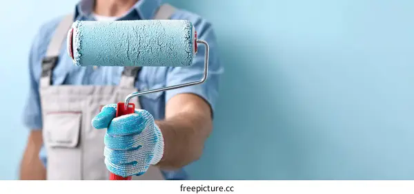 Worker painting wall with roller