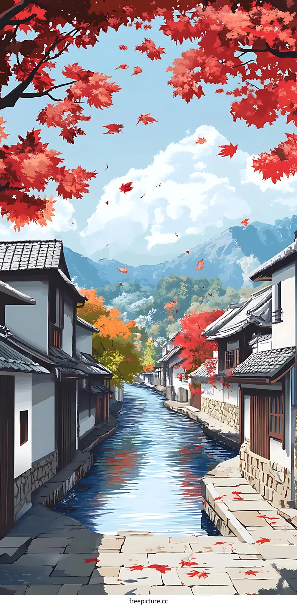 Autumn Leaves Fall on a Japanese Village Canal
