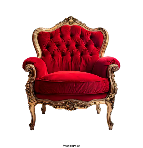 [Transparent Background PNG]Red Velvet Armchair with Gold Carved Frame