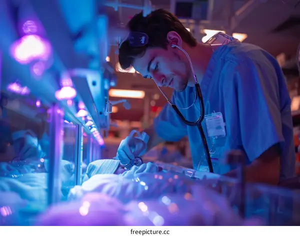 doctor examining a newborn baby in an incubator