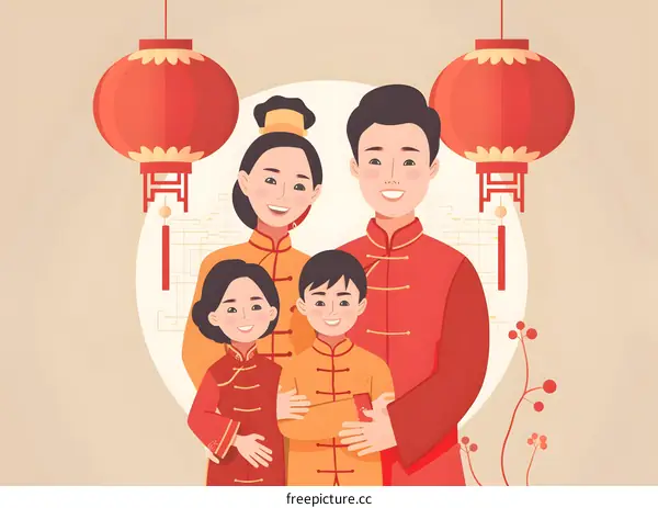 Happy Chinese New Year Family Celebration With Red Lanterns