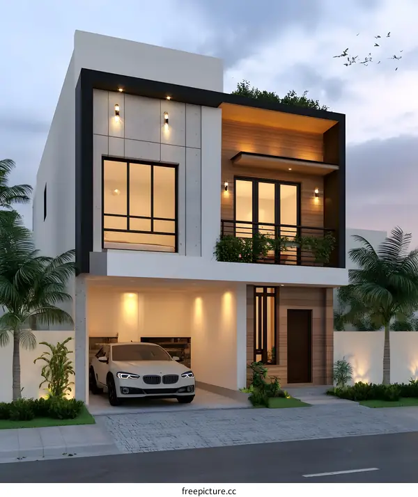 Modern Two Story House with Garage and Balcony