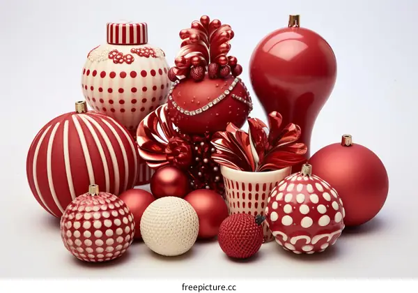 Red and white Christmas ornaments including balls, vases, and a decorative flower