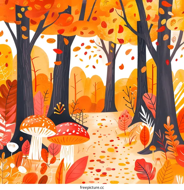 Autumn Forest Illustration With Orange And Red Leaves