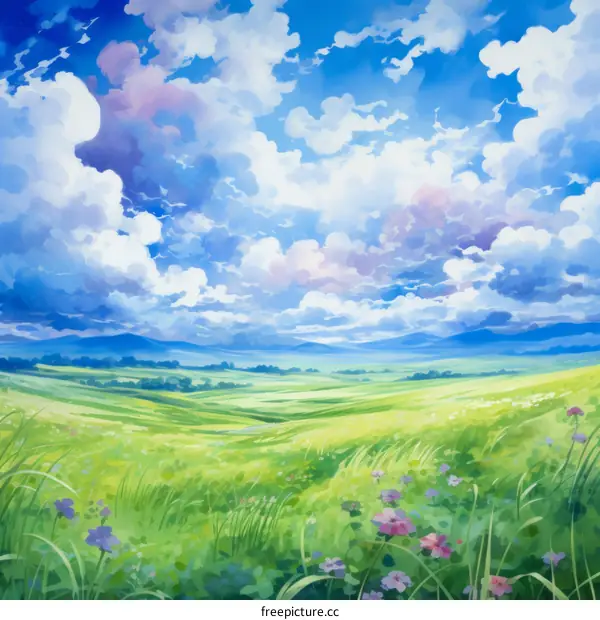 Landscape with Blue Sky and Green Fields