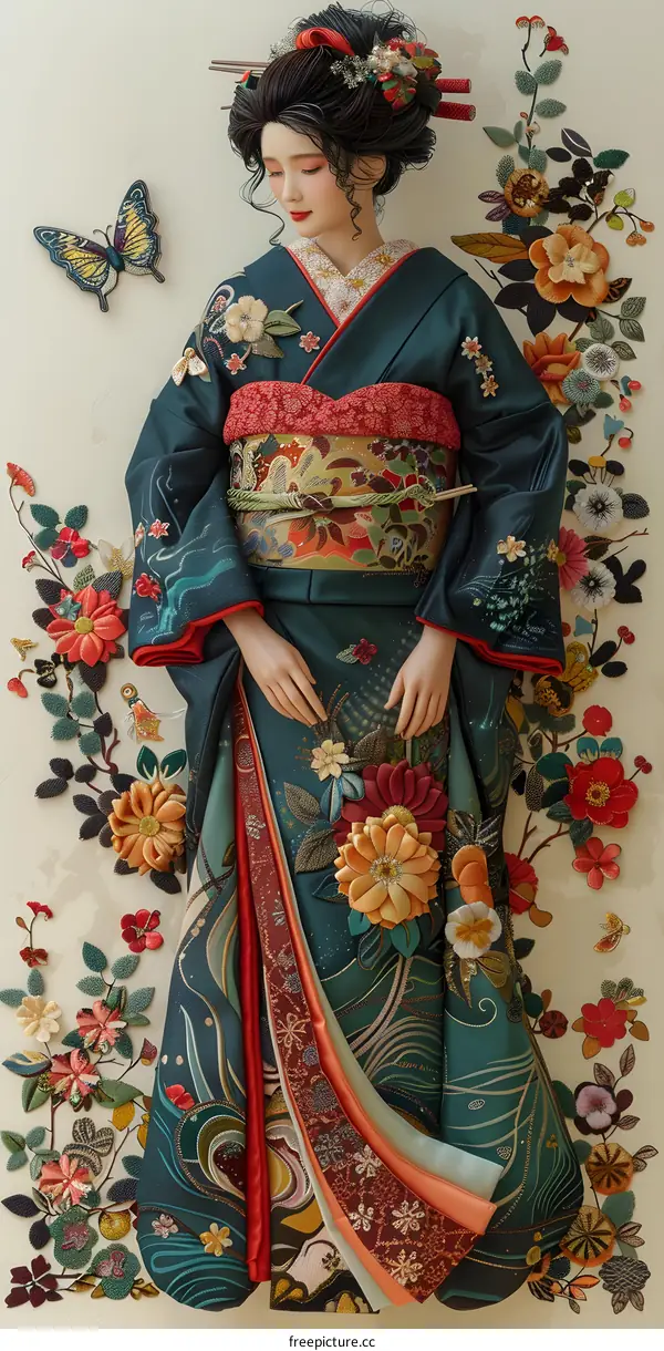 An Asian woman wearing a kimono with floral embroidery
