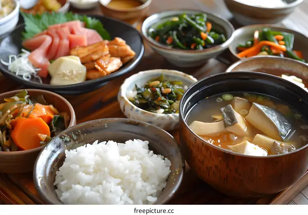 A delicious Japanese meal with rice, fish, and vegetables