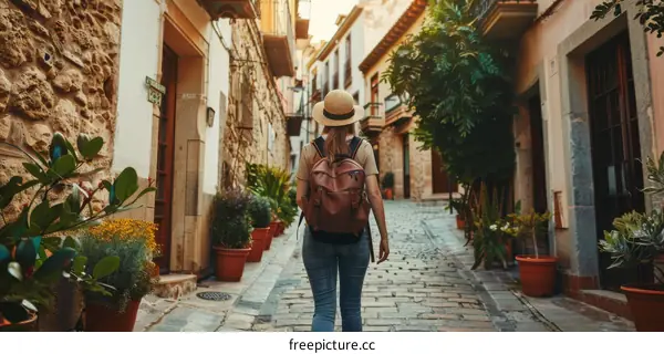 Young woman walking down a narrow street in a Spanish village