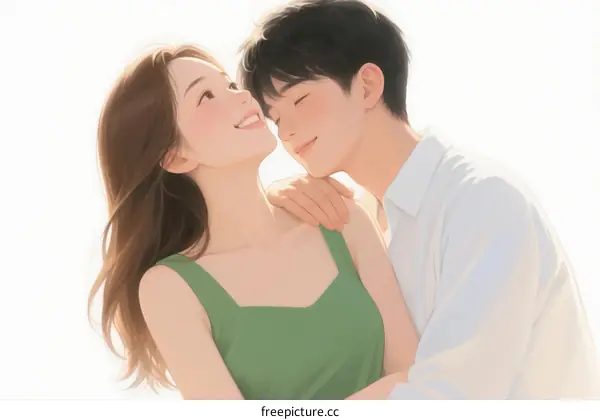 Young couple embracing with warm smile in bright light