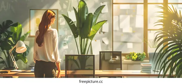 business woman looking out the office window