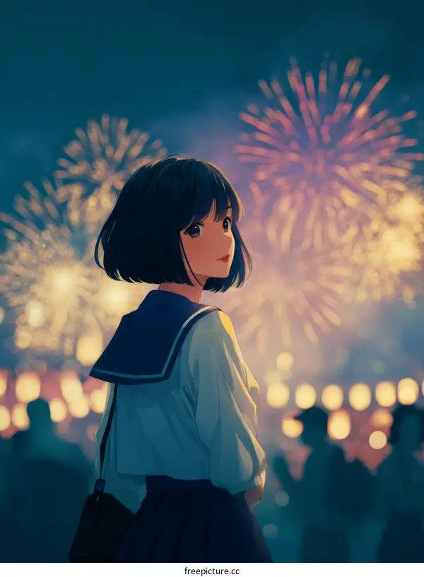 Girl Watching Fireworks at Night