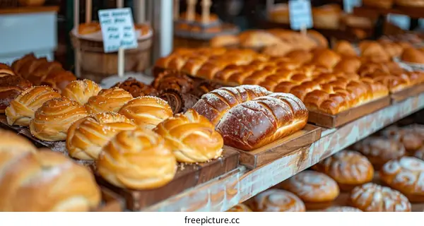 Loaf of bread and bread rolls on wooden shelves in a bakery.
