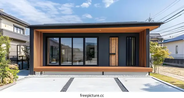 Modern Japanese Home Exterior With Wooden Accents