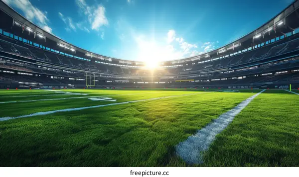 American Football Stadium with Green Field and Clear Sky