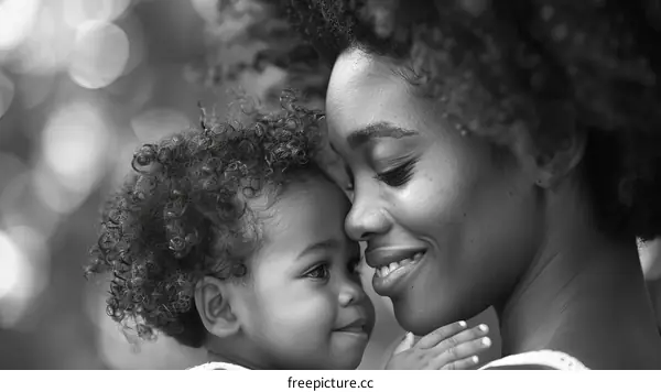 A black and white photo of a mother and her child