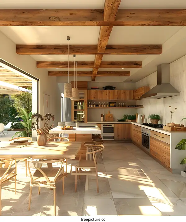 An illustration of a modern kitchen with wood beams and a large island