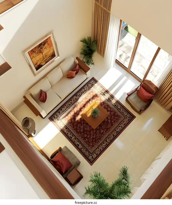 Modern Living Room Interior Design With Red Rug and Wooden Furnitures