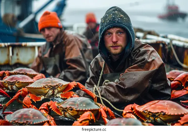 Two fishermen on a boat with a large catch of crabs