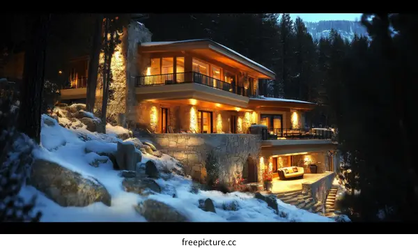 Luxury Mountain Home at Night with Snow