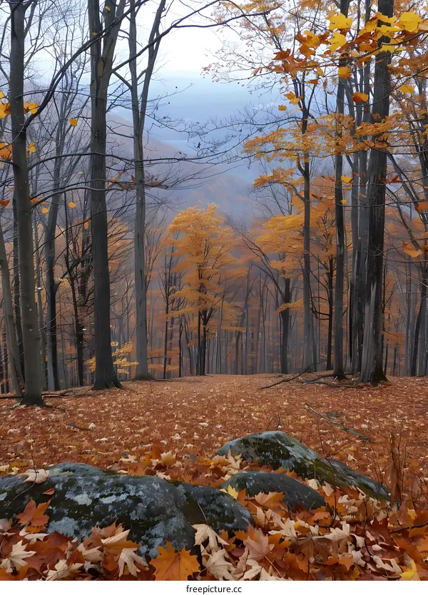 Fall forest with colorful leaves and large rocks in foreground
