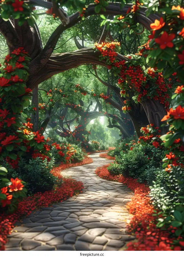 Mesmerizing Forest Path Adorned with Enchanted Red Flowers