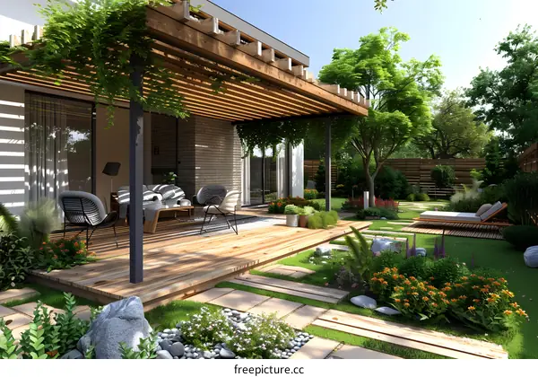 3d rendering of a beautiful garden with a wooden deck, pergola, and stone path