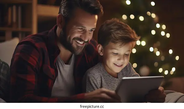 Father and son using tablet at Christmas