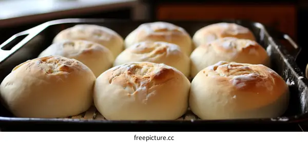 A close up of a baking tray of bread rolls