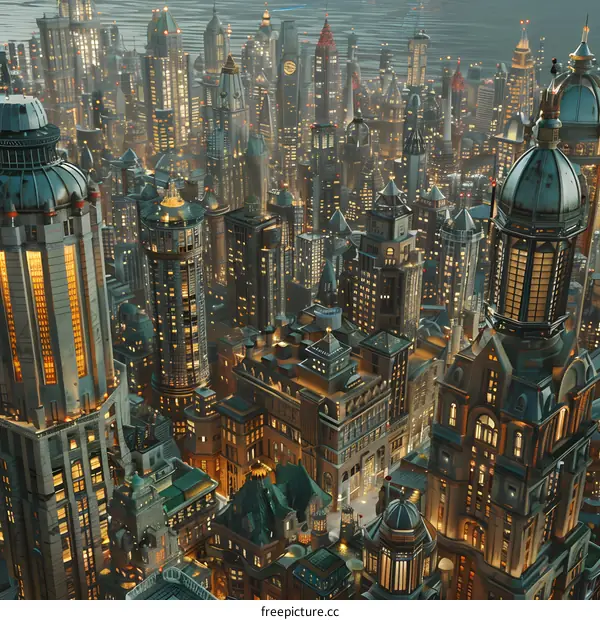 A digital painting of a cityscape in an Art Deco style.