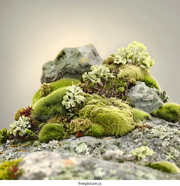 Close Up of Green Moss and Lichen Growing on a Rock