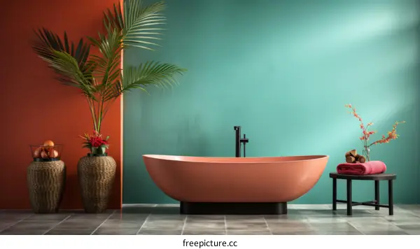 Freestanding Bathtub in Bright Bathroom with Vibrant Colors
