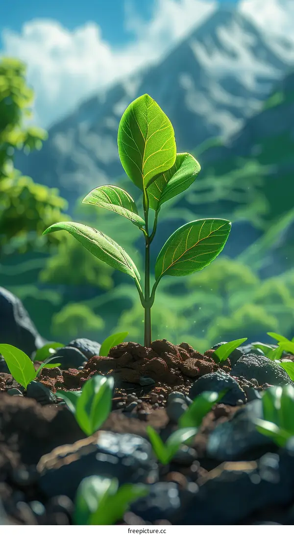 Green sprout growing from soil with mountains in the background