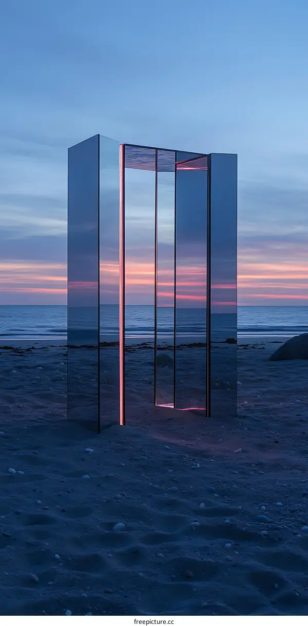 Modern Glass Structure on Beach at Sunset