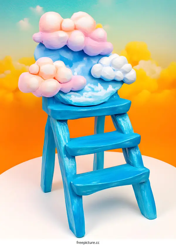 Blue Wooden Ladder with Clouds as Seat