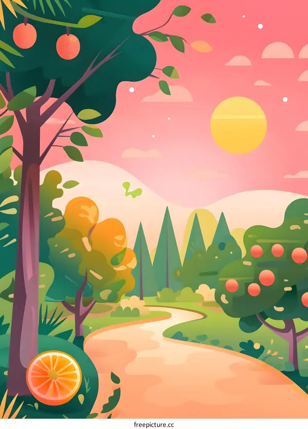 Beautiful Illustration of a Winding Path Through a Lush Forest