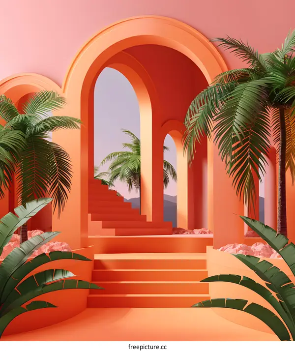 Tropical Archway with Stairs and Palm Trees